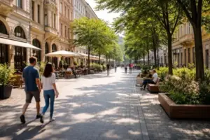 Autofreier Straßenabschnitt mit historischen Gebäuden und breitem Gehbereich im Münchner Stadtteil Lehel