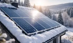 Verschneites Hausdach mit Solaranlage bei tiefstehender Wintersonne, Photovoltaikmodule erzeugen Strom bei Kälte