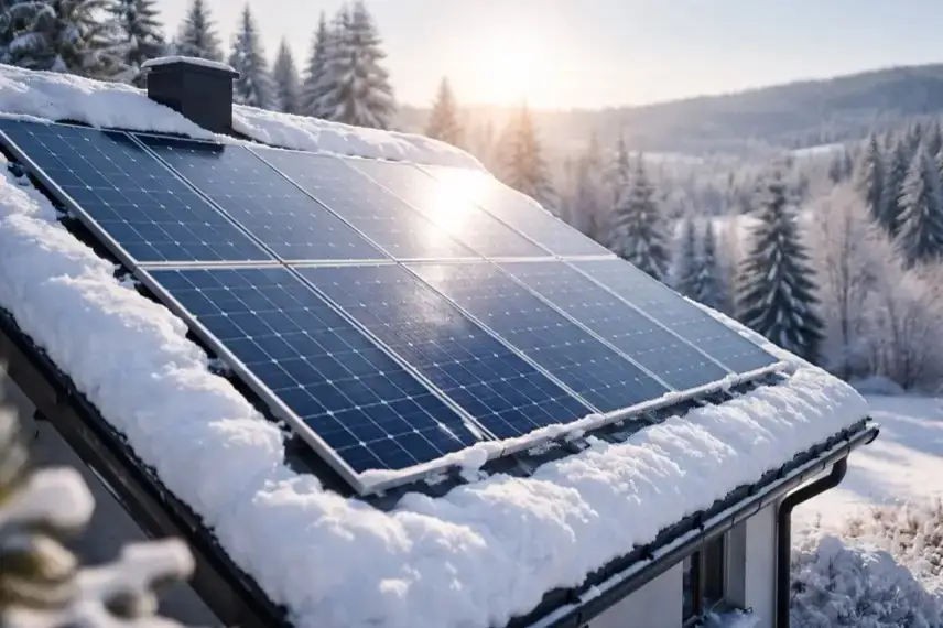 Verschneites Hausdach mit Solaranlage bei tiefstehender Wintersonne, Photovoltaikmodule erzeugen Strom bei Kälte