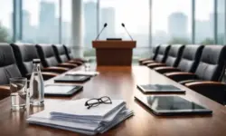 Leerer Sitzungssaal mit Rednerpult, Dokumenten und Tablets vor Glasfassade, symbolisch für politische Regulierung und Transparenz bei Werbung.