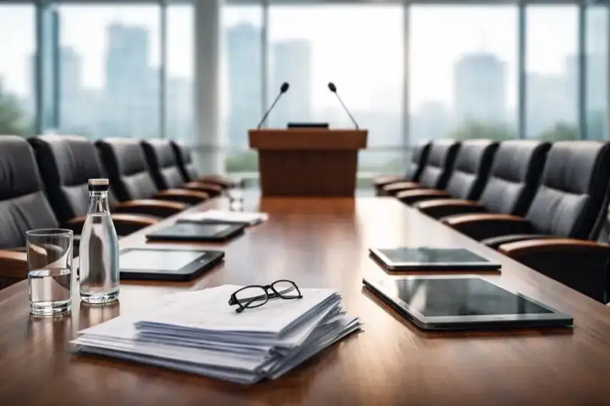 Leerer Sitzungssaal mit Rednerpult, Dokumenten und Tablets vor Glasfassade, symbolisch für politische Regulierung und Transparenz bei Werbung.