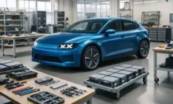 Zerlegtes Elektroauto mit modularen Bauteilen und Batteriemodulen in einer Werkhalle, reparierfreundliches Fahrzeugkonzept