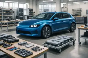 Zerlegtes Elektroauto mit modularen Bauteilen und Batteriemodulen in einer Werkhalle, reparierfreundliches Fahrzeugkonzept