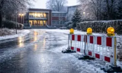 Vereiste Straße vor einer geschlossenen Schule im Winter, glatter Asphalt und Warnbaken bei Glatteis und Schulschließungen