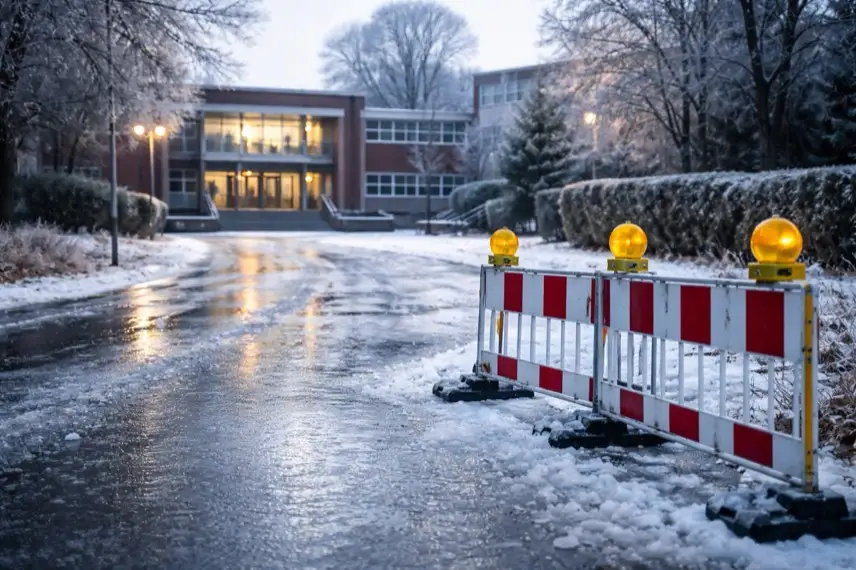 Vereiste Straße vor einer geschlossenen Schule im Winter, glatter Asphalt und Warnbaken bei Glatteis und Schulschließungen
