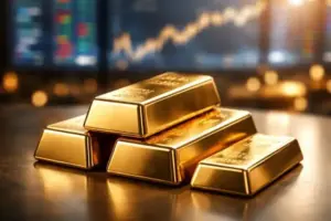 Goldbarren auf neutraler Oberfläche mit unscharfem Hintergrund, der den Rekordanstieg des Goldpreises auf 5.000 Dollar symbolisiert