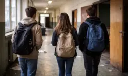 Leerer Schulflur mit beschädigten Türen und Stühlen in einer deutschen Schule, Symbol für Gewalt und Überforderung im Schulalltag in Ludwigshafen.