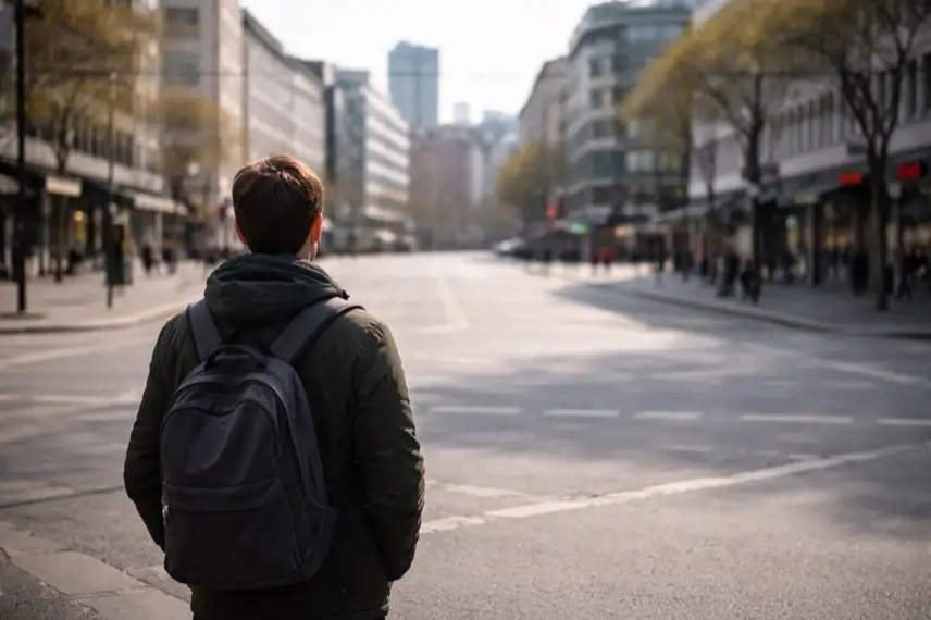 Person von hinten auf einem leeren Stadtplatz, urbane Umgebung, neutrale Alltagsszene als Kontext zu Antinatalismus und Kinderkriegen