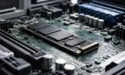 Offene Computer-Hardware mit eingesetzter SSD auf einer Leiterplatte, neutral ausgeleuchtet, ohne Logos oder Beschriftungen.