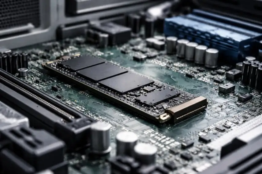 Offene Computer-Hardware mit eingesetzter SSD auf einer Leiterplatte, neutral ausgeleuchtet, ohne Logos oder Beschriftungen.