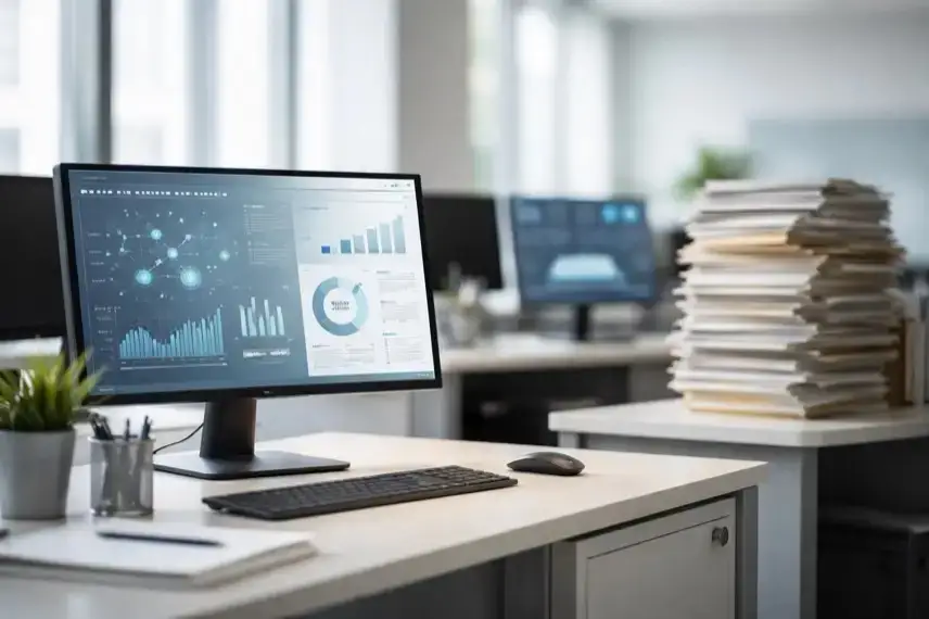 Leere moderne Amtsstube mit Computermonitoren, digitalen Datenanzeigen und unscharfen Akten im Hintergrund, Symbol für KI in der Verwaltung.