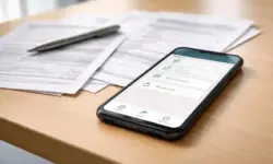 Smartphone mit neutraler Verwaltungsoberfläche liegt neben Papierformularen auf einem Tisch, Sinnbild für digitale Bürgergeld App und Jobcenter-Kommunikation.