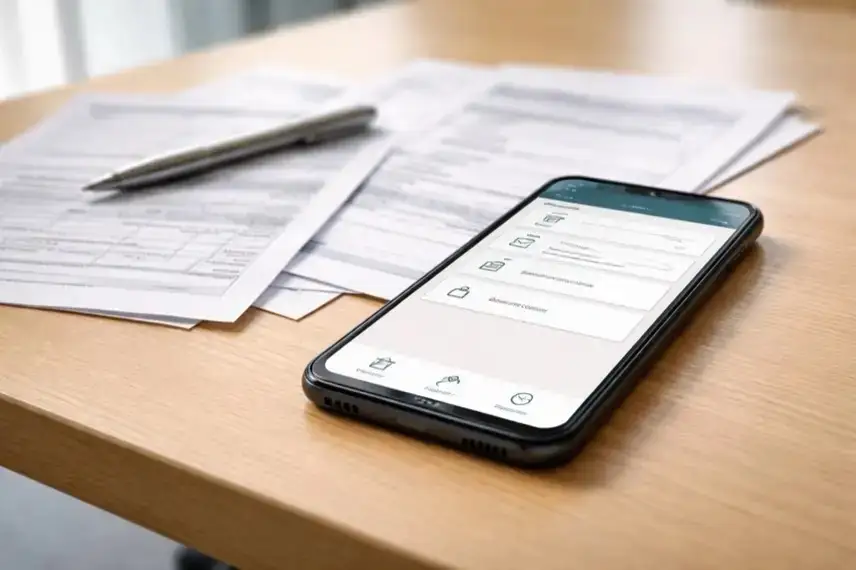 Smartphone mit neutraler Verwaltungsoberfläche liegt neben Papierformularen auf einem Tisch, Sinnbild für digitale Bürgergeld App und Jobcenter-Kommunikation.