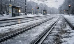 Vereiste Straßenbahnschienen an einer Berliner Kreuzung ohne fahrende Trams bei winterlicher Witterung