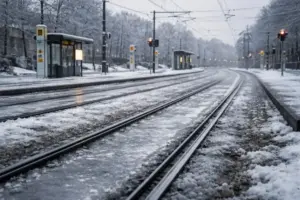 Vereiste Straßenbahnschienen an einer Berliner Kreuzung ohne fahrende Trams bei winterlicher Witterung