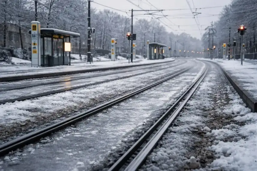 Vereiste Straßenbahnschienen an einer Berliner Kreuzung ohne fahrende Trams bei winterlicher Witterung