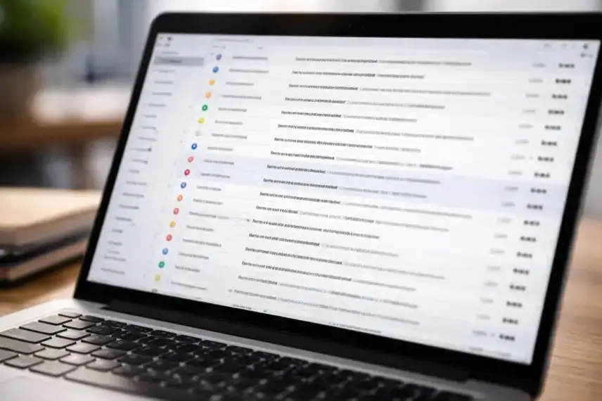 Überfülltes digitales E-Mail-Postfach auf einem Bildschirm mit vielen ungelesenen Nachrichten und ungeordneter Inbox