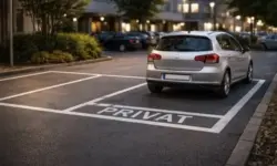Geparktes Auto auf einem privaten Parkplatz in Wien mit Bodenmarkierungen, aufgenommen in ruhiger städtischer Umgebung.