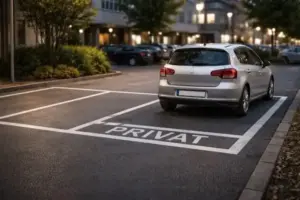 Geparktes Auto auf einem privaten Parkplatz in Wien mit Bodenmarkierungen, aufgenommen in ruhiger städtischer Umgebung.