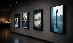 Abgedunkelter Ausstellungsraum mit mehreren hochkantigen Bildschirmen, auf denen kurze Videosequenzen zur digitalen Holocaust-Bildung gezeigt werden