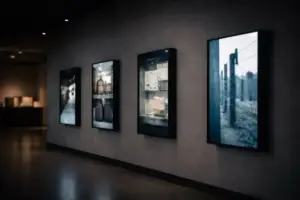 Abgedunkelter Ausstellungsraum mit mehreren hochkantigen Bildschirmen, auf denen kurze Videosequenzen zur digitalen Holocaust-Bildung gezeigt werden