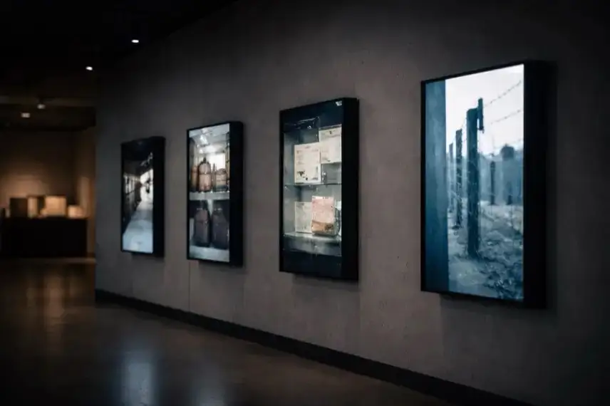 Abgedunkelter Ausstellungsraum mit mehreren hochkantigen Bildschirmen, auf denen kurze Videosequenzen zur digitalen Holocaust-Bildung gezeigt werden
