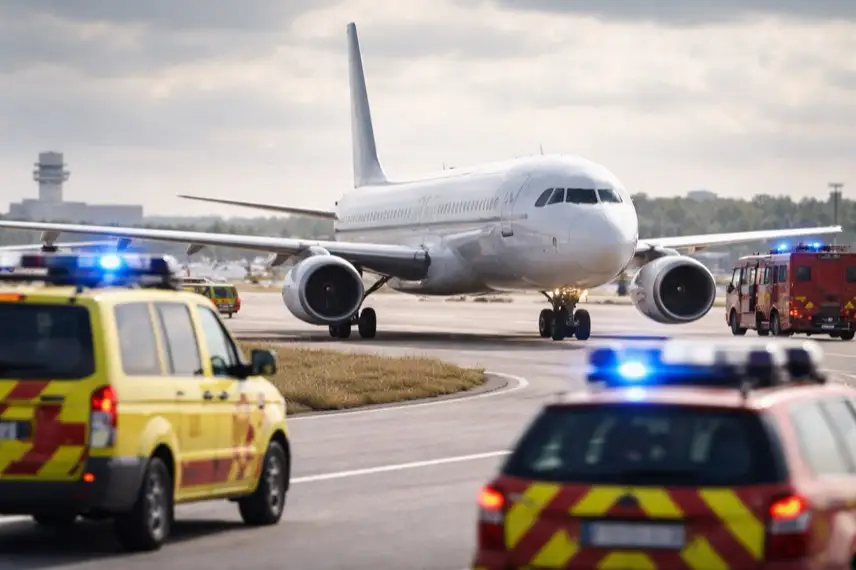 Passagierflugzeug auf einer Landebahn mit Einsatzfahrzeugen auf dem Vorfeld des Hamburger Flughafens nach einer Notlandung.
