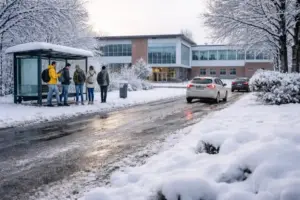 Verschneiter Gehweg und vereiste Straße vor einem anonymen Schulgebäude in Bayern bei winterlichen Bedingungen