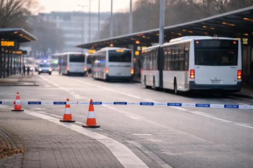 Busbahnhof am Karlsruher Hauptbahnhof mit haltenden Linienbussen und abgesperrtem Fahrbahnbereich am Morgen
