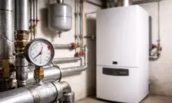 Gas- oder Ölheizung in einem Heizungskeller mit Rohren und Manometer, technische Innenaufnahme, Thema Heizkosten und CO₂-Preis