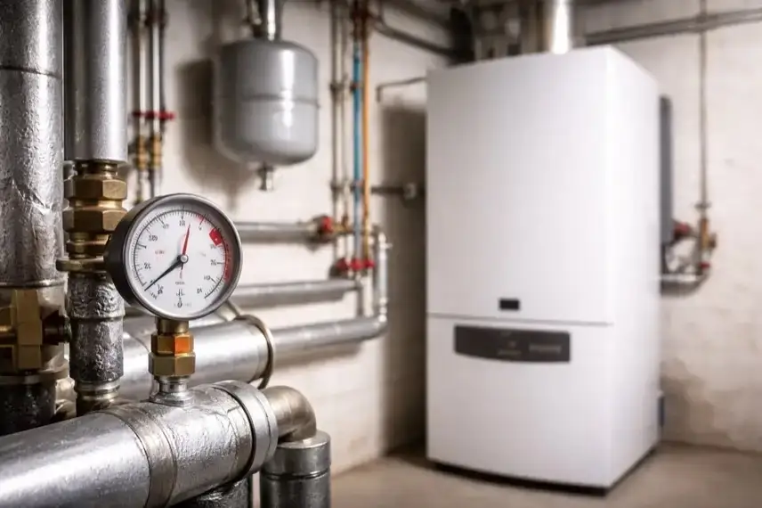 Gas- oder Ölheizung in einem Heizungskeller mit Rohren und Manometer, technische Innenaufnahme, Thema Heizkosten und CO₂-Preis