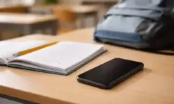 Gesperrtes Smartphone neben Schulheft und Rucksack auf einem Tisch, symbolisch für Social-Media-Verbot unter 15 in Frankreich.