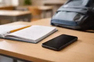 Gesperrtes Smartphone neben Schulheft und Rucksack auf einem Tisch, symbolisch für Social-Media-Verbot unter 15 in Frankreich.