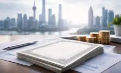 Neutrale Aktienzertifikate auf einem Tisch, dahinter unscharfe Skyline zwischen Europa und Asien als Sinnbild für internationale Beteiligung.