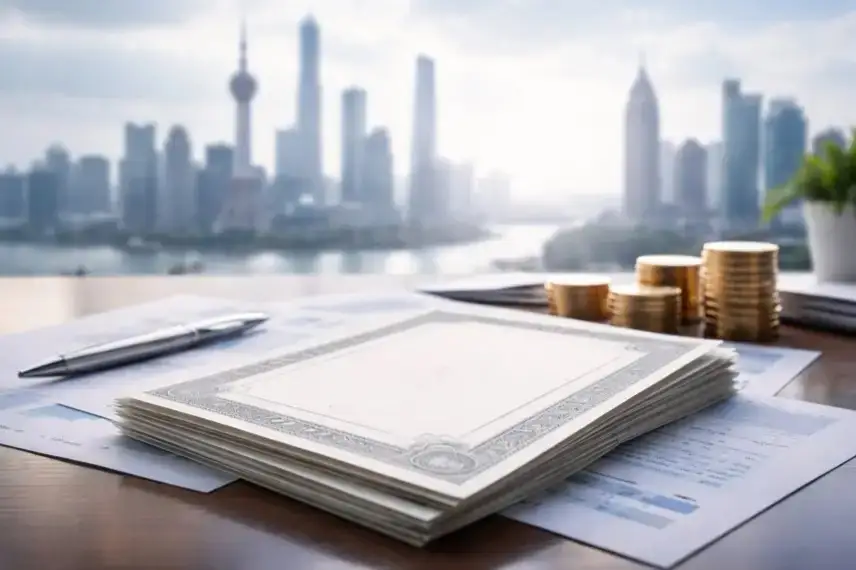 Neutrale Aktienzertifikate auf einem Tisch, dahinter unscharfe Skyline zwischen Europa und Asien als Sinnbild für internationale Beteiligung.