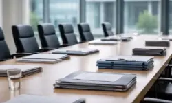 Leerer Sitzungssaal mit Tisch und Aktenmappen in einem modernen Regierungsgebäude, sachliche Atmosphäre, neutral beleuchtet