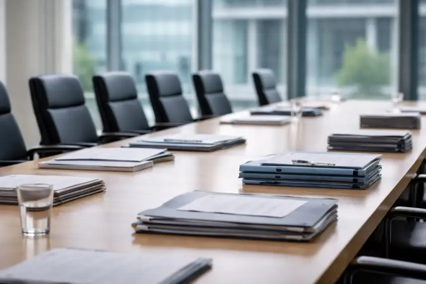 Leerer Sitzungssaal mit Tisch und Aktenmappen in einem modernen Regierungsgebäude, sachliche Atmosphäre, neutral beleuchtet