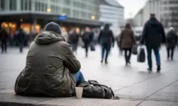 Anonyme Person sitzt auf einem Bahnhofsvorplatz, Passanten gehen im Hintergrund vorbei, Alltagsszene in deutscher Großstadt.
