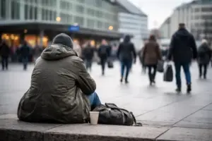 Anonyme Person sitzt auf einem Bahnhofsvorplatz, Passanten gehen im Hintergrund vorbei, Alltagsszene in deutscher Großstadt.