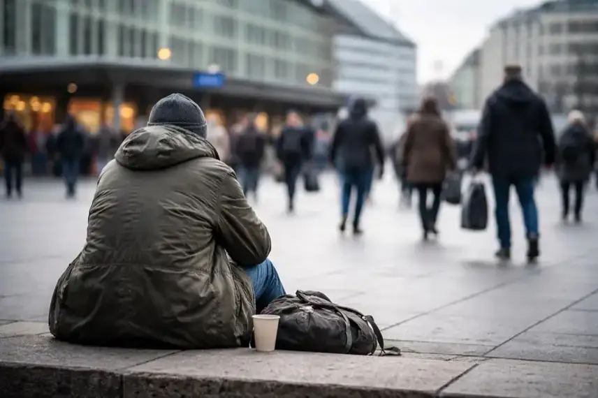Anonyme Person sitzt auf einem Bahnhofsvorplatz, Passanten gehen im Hintergrund vorbei, Alltagsszene in deutscher Großstadt.