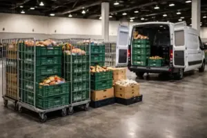 Lebensmittelkisten auf Rollwagen in einer leeren Messehalle nach Veranstaltungsende, bereit zur Abholung und Weiterverteilung durch die Berliner Tafel.