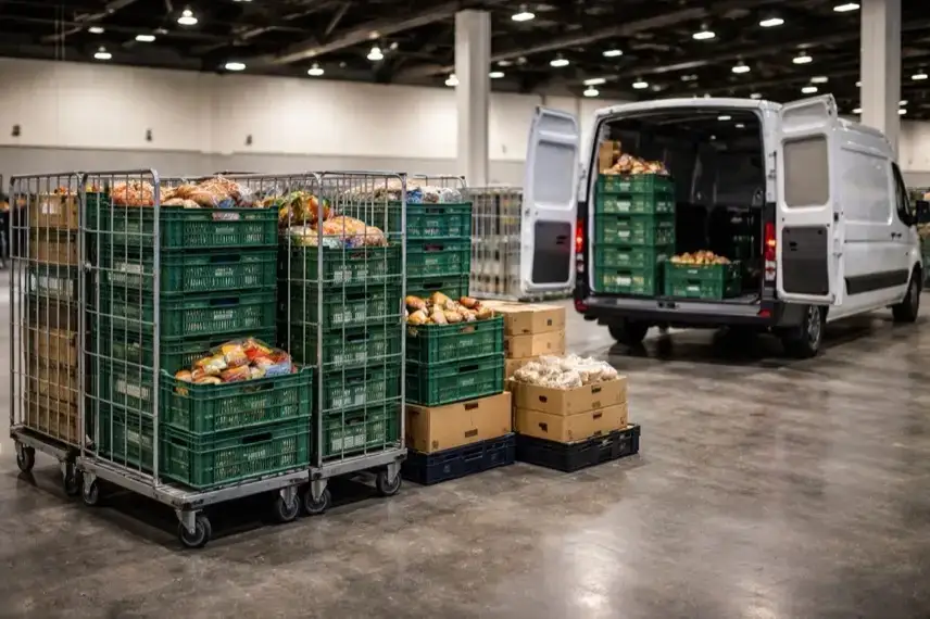 Lebensmittelkisten auf Rollwagen in einer leeren Messehalle nach Veranstaltungsende, bereit zur Abholung und Weiterverteilung durch die Berliner Tafel.