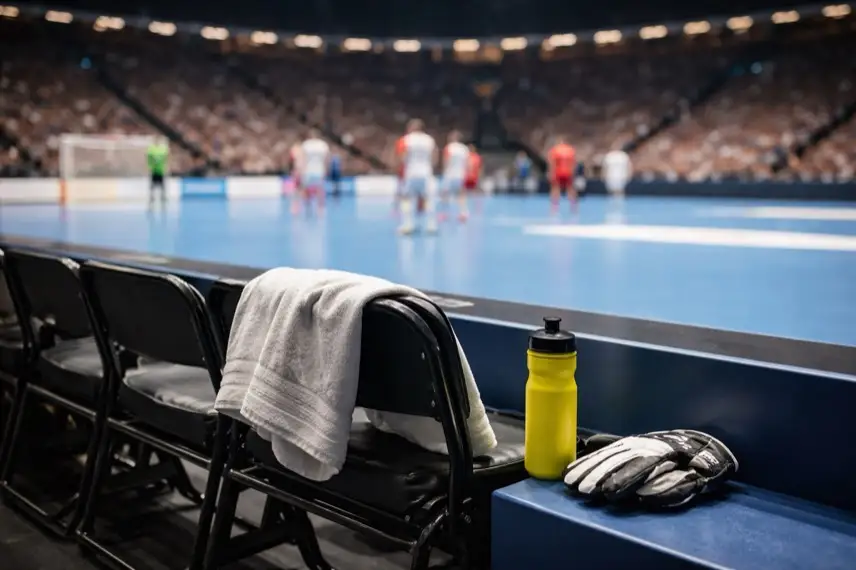 Leere Torhüterbank am Spielfeldrand einer Handballarena während eines EM-Spiels, im Hintergrund unscharfe Spieler und beleuchtetes Spielfeld.