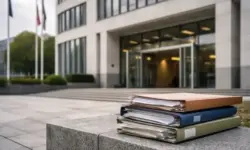 Heller Eingangsbereich eines Regierungsgebäudes in Nordrhein-Westfalen mit offenen Türen und abgelegten Aktenmappen im Vordergrund.