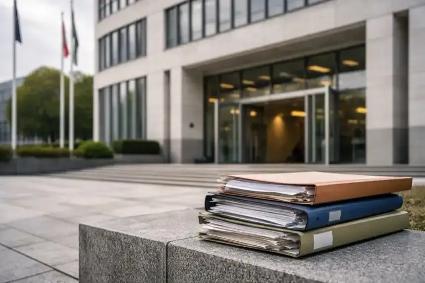 Heller Eingangsbereich eines Regierungsgebäudes in Nordrhein-Westfalen mit offenen Türen und abgelegten Aktenmappen im Vordergrund.
