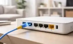 Glasfaserkabel führt aus einer Wanddose in einen Router in einem modern eingerichteten Wohnraum