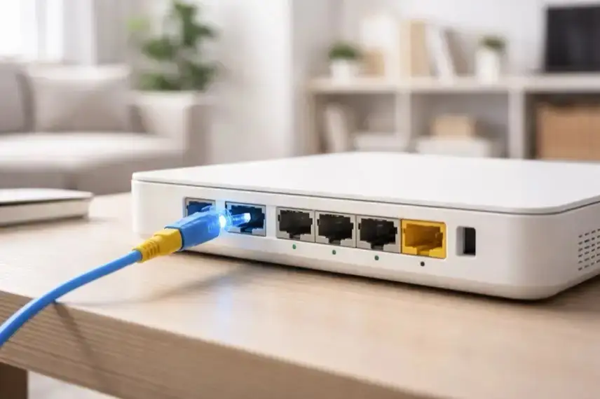 Glasfaserkabel führt aus einer Wanddose in einen Router in einem modern eingerichteten Wohnraum