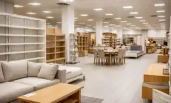 Große Möbelverkaufsfläche mit halb leeren Regalen und einzelnen Möbelstücken während eines Räumungsverkaufs in einer Filiale