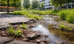 Entsiegelte städtische Fläche mit freigelegtem Boden, Grünpflanzen und versickerndem Regenwasser im Rahmen der Schwammstadt Thüringen