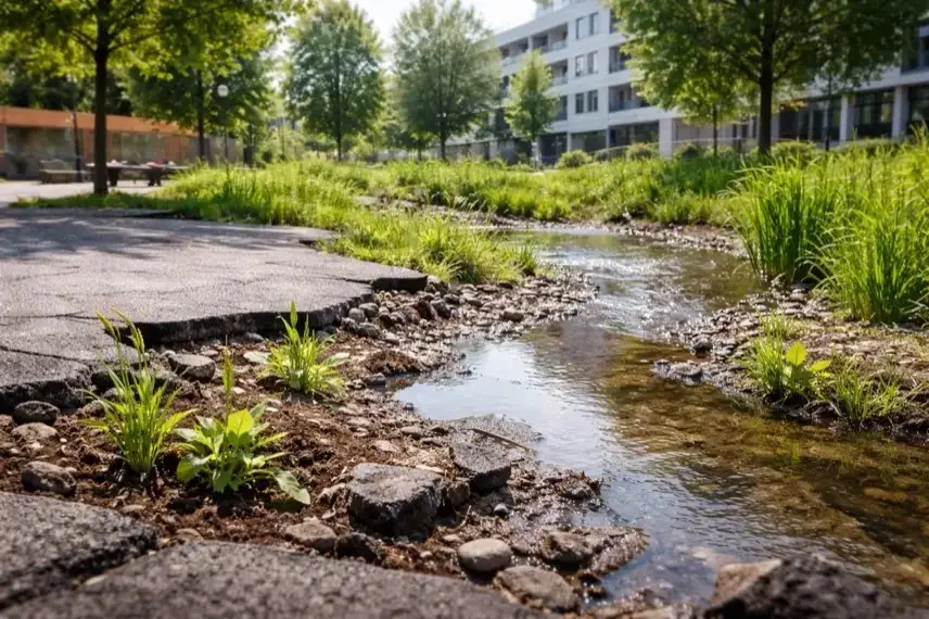 Entsiegelte städtische Fläche mit freigelegtem Boden, Grünpflanzen und versickerndem Regenwasser im Rahmen der Schwammstadt Thüringen